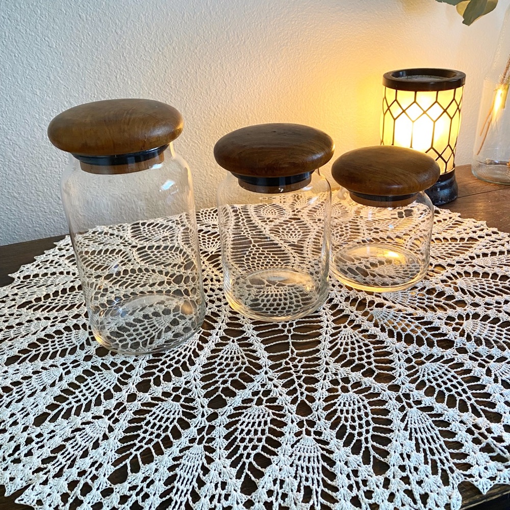 Vintage MCM Dolphin Brand Glass Canisters with Teakwood Lids